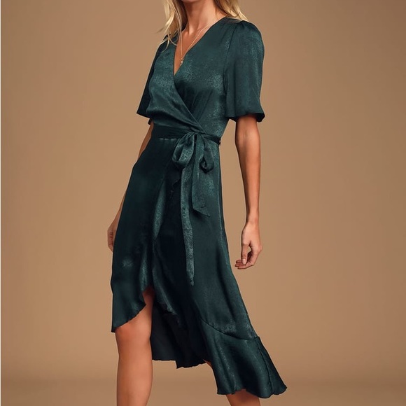 Lulu’s Wrapped Up In Love Dark Green Satin Faux-Wrap Midi Dress NWT - Picture 2 of 13